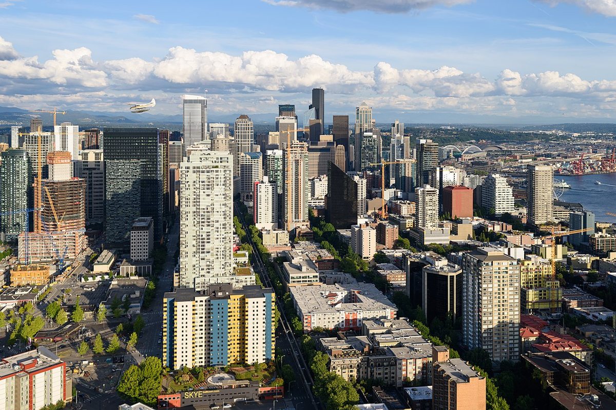 the Space Needle rising above Seattle Center