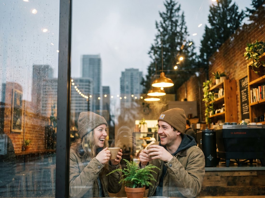 Friends at a Seattle coffee shop on a rainy morning